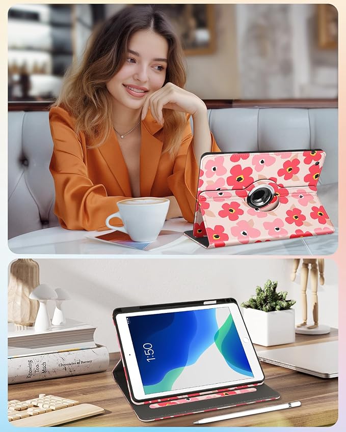 Kidcube for iPad 9th/8th/7th Generation Case 10.2 Inch - for Women Girls Cute Rotating Stand Folio Cover with Pencil Holder & Card Slot Girly Kawaii Floral Flower Design for iPad 9th/8th/7th Gen Cases