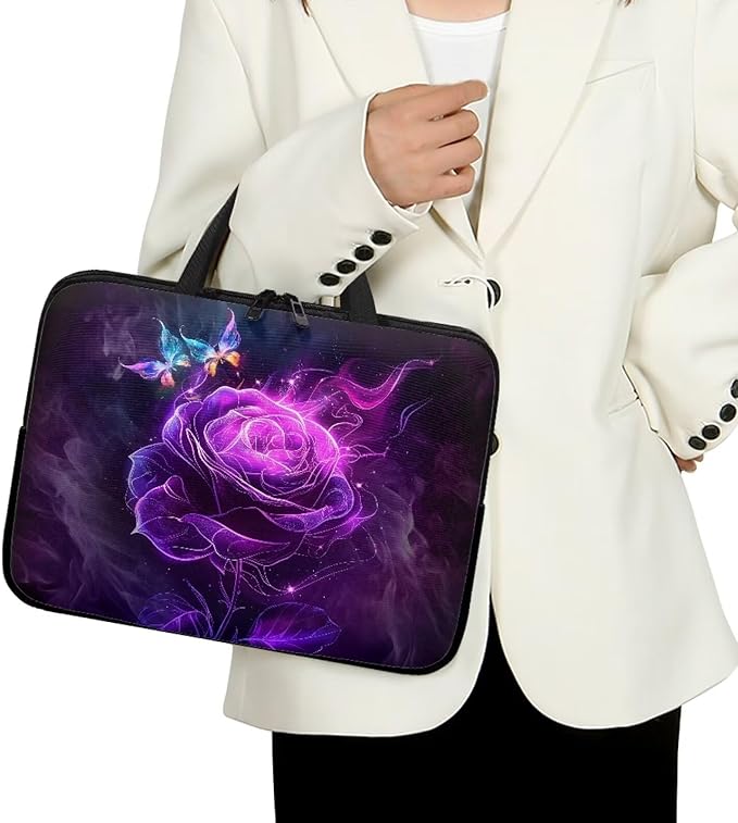 Purple Rose Butterfly Laptop Sleeve 13 Inch, Laptop Tote Bag for Women Girls, Waterproof Computer Tablet Handbag Case with Handle, Carrying Case Laptop Cover for Travel/Business/School
