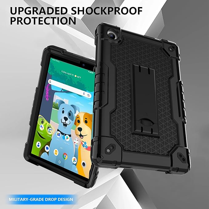 Case for for AT&T Amigo Jr. Tab 8 inch Tablet 9136K - with 2PCS Screen Protector,[Built-in Kickstand] Anti Slip Kids Friendly Shockproof Silicone Protective Cover (Black+2 PCS Glass)