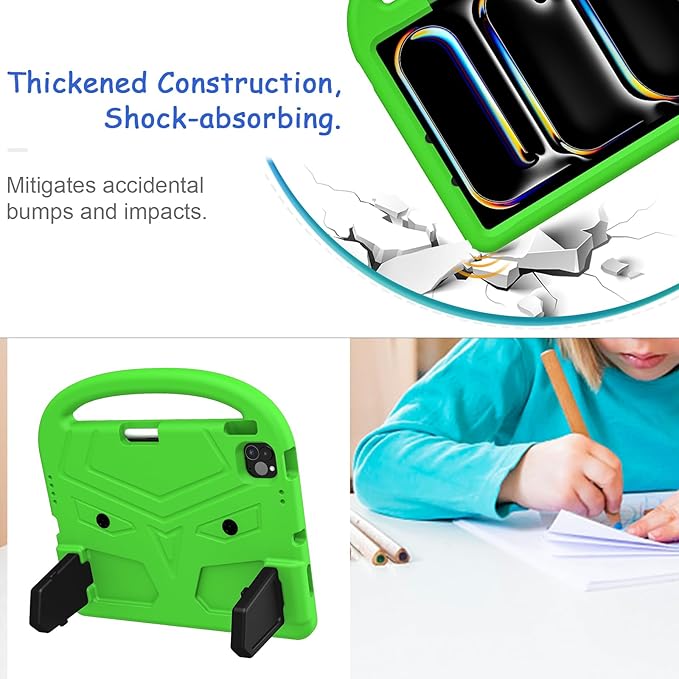 Kids Case for iPad Pro 11" M5 2025/M4 2024 & iPad Air 11" M3 2025/M2 2024, Techcircle Child Shock Proof EVA Protective [Support Pencil Charging] Handle Stand Cover, Green