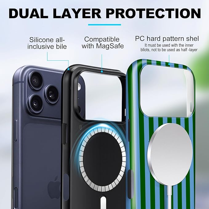 Magnetic for iPhone 17 Pro Max Case Cute Stripes Phone Case, Shockproof Slim TPU and Hard PC Protective Phone Cover Compatible with MagSafe Designed for Women Girls, Green and Blue