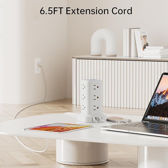 Tower Surge Protector Power Strip with 12 Outlets 4 USB (1 USB C), 6.5Feet Extension Cord with Multiple Outlets, Charging Station, Power Strip Tower, Office Desk Supplies (2 Pack)