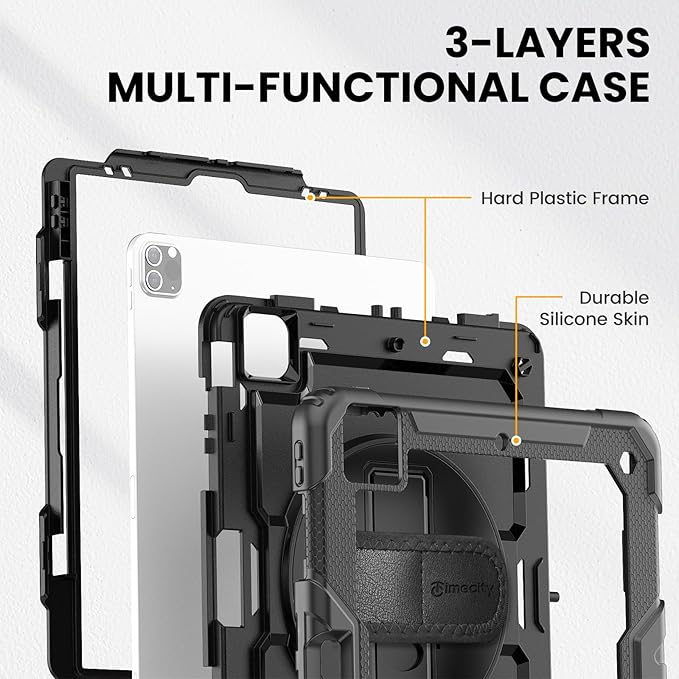 Timecity Protective Case for iPad Pro 12.9 inch 6th/ 5th/ 4th/ 3rd Generation, with Strong Protection, Screen Protector, Hand/Shoulder Strap, Rotating Stand, Pencil Holder - Black