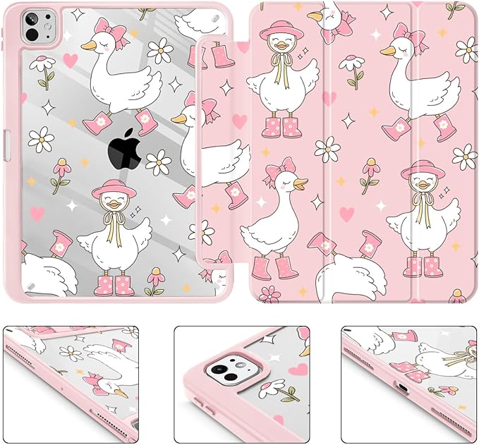 May Chen for iPad Pro 13 Inch Case M5 2025 / M4 2024, Built Pencil Holder & Clear Transparent Print Back Shell Slim Stand Shockproof Tablet Cover, Auto Wake/Sleep, Cute Goose Spring