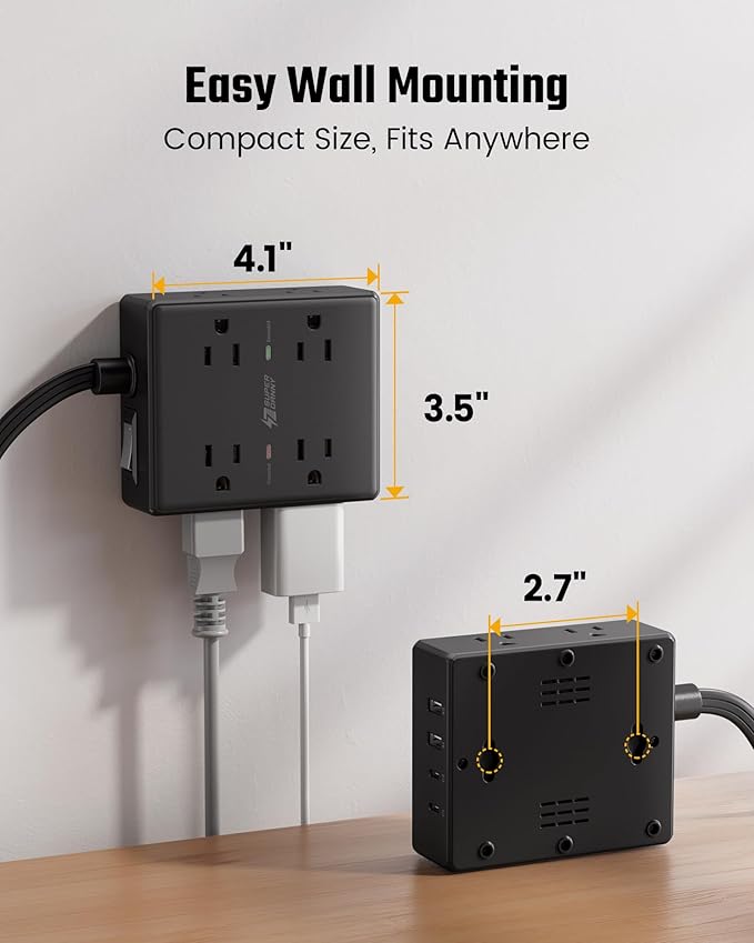 10Ft Extension Cord with Multiple Outlets, Flat Plug Power Strip Surge Protector with 10 Ft Long Cord, 8 Outlet 4 USB Ports (2 USB C), Multi Outlet Wall Plug for Office, College, Dorm Room Essentials