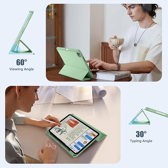 Kidopire New Compatible with iPad Pro 11 Inch Case (M4 2024/M5 2025) with Pencil Holder, Smart Cover with Protective Trifold Stand & Soft TPU Back, Auto Wake/Sleep, Support Pencil Pro, Grass Green