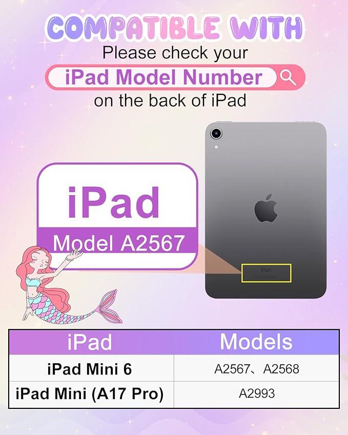 Boaretiu for iPad mini 6 Case/Mini A17 Pro Case - 3D Cute Cartoon Mermaids Girls Teens Soft Silicone for iPad mini 7/6 8.3 Inch Tablet Cover with Strap & Rotating Stand