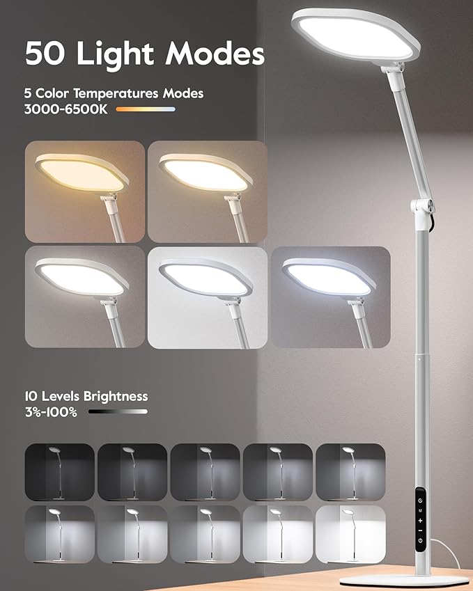 Led Desk Lamps for Home Office with Base, Tall Desk Lamp with 50 Light Modes & Memory and Timer Func Computer Light, Flexible Adjustable Table Lamps for Video Conference, Architect (White 1 Pack)