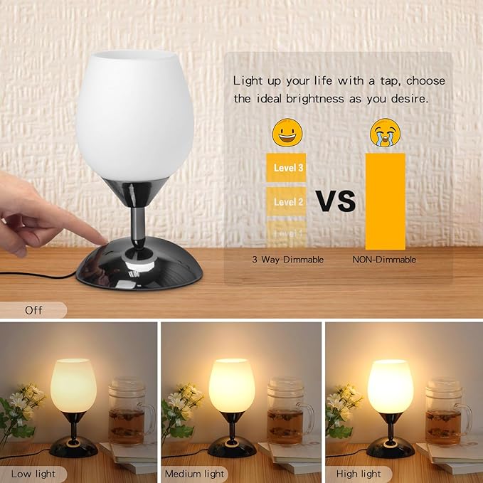 Touch Control Table Lamp Dimmable Small Lamp, Ambient Light with Opal Glass Shade Simple Night Light, Modern Accent Lamp Bedside Nightstand Lamp for Bedroom Living Room, E12 Bulb Included