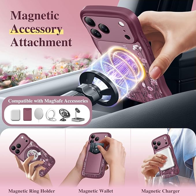 GVIEWIN for iPhone 17 Pro Case Compatible with MagSafe [Curly Wave Edge][Full Camera Protection] Floral Translucent Shockproof Magnetic Women Phone Case for iPhone 17 Pro 6.3'', Floratopia/Burgundy