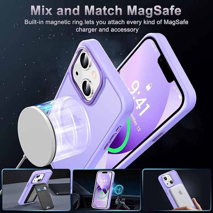 Newfuture Designed for iPhone 13 Case & iPhone 14 Case with Magnetic [13 FT Military Drop Protection] [Compatible with Magsafe] Translucent Shockproof with Anti-Fingerprint Phone Case, Lilac Purple