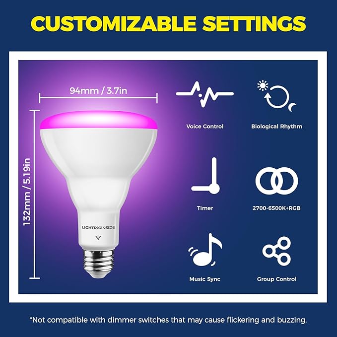 Lightinginside Smart Light Bulb 75W Equivalent, 1100LM 12W RGBCW BR30 E26 Bulb Works with Alexa/Google Home/SmartLife, 2.4G WiFi Bluetooth Recessed Flood LED Bulbs, No Hub Required, ETL Listed, 1PC
