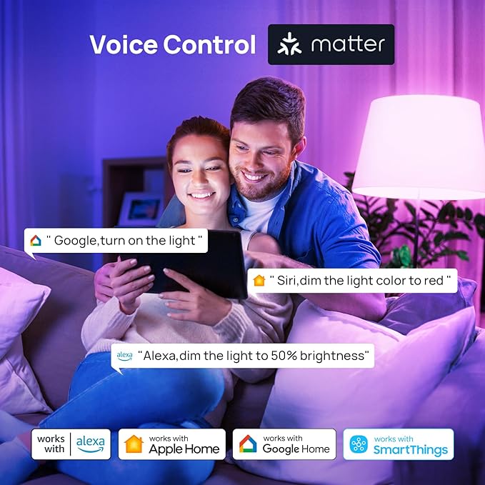 Consciot Matter WiFi Smart Light Bulbs Works with Alexa/Google Home/Apple Home/Siri/SmartThings, RGBTW Color Changing LED Light Bulb That Music Sync, A19 E26 60W Equi, 2.4Ghz WiFi&Bluetooth, 2 Pack