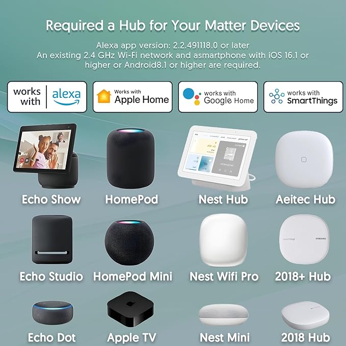 Smart Plug, Matter Compatible, Matter Hub Required, Easy Setup(FFS:Frustration-Free Setup), Work with Alexa, Google Home, Apple HomeKit(Siri)& SmartThings, 2.4 GHz Wi-Fi only (2 Pack)