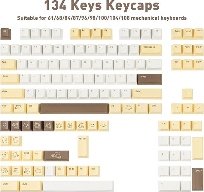 Little Bear Keycaps 134 Keys - Cherry Profile Custom PBT Key Caps, Dye-Sublimation Cute Yellow and White Keycap Set for Cherry MX Switches Mechanical Keyboards (60%/65%/75%/80%/100% Layout)