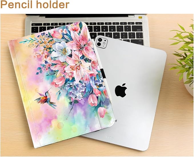 Vimorco for iPad Pro 13 Inch Case M5/M4 2025/2024, Flower for iPad 13 Pro Case M5/M4 for Girls Women, Pu Leather Protective Adjustable Stand, Hand Strap, Pocket, Pencil Holder, Hummingbirds & Flowers