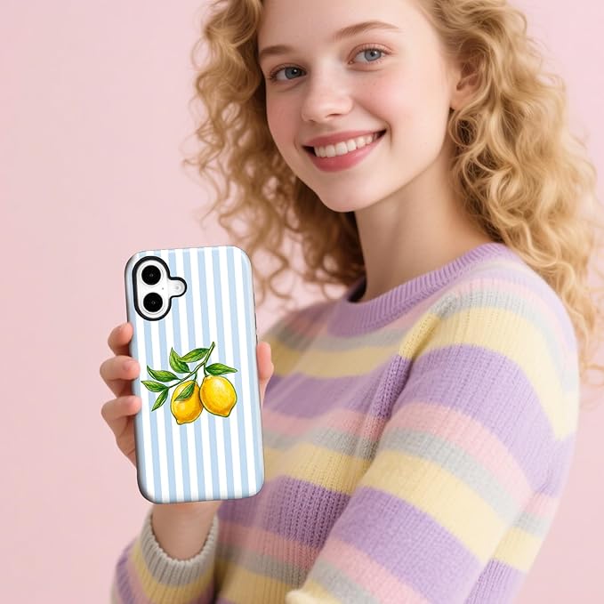 Magnetic for iPhone 17 Case Cute Lemon Stripes Phone Case, Shockproof Slim TPU and Hard PC Protective Phone Cover Compatible with MagSafe Designed for Women Girls, Blue