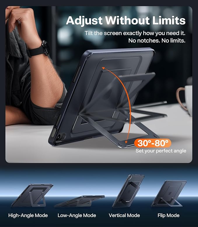 TORRAS Ostand K1 Guardian for iPad Air 13 inch Case M4 2026, M3 2025, M2, Ultra Stable Stand, Multiple Adjustable Viewing Angles, Slim Protective Kickstand iPad Air 13 Case with Pencil Holder, Black