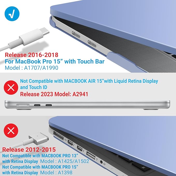 IBENZER Compatible with MacBook Pro 15 Inch Case A1990 A1707, Hard Shell Case with Keyboard Cover & Type C Adapter for Mac Pro 15 Touch Bar, Serenity Blue, T15SRLL+1TC