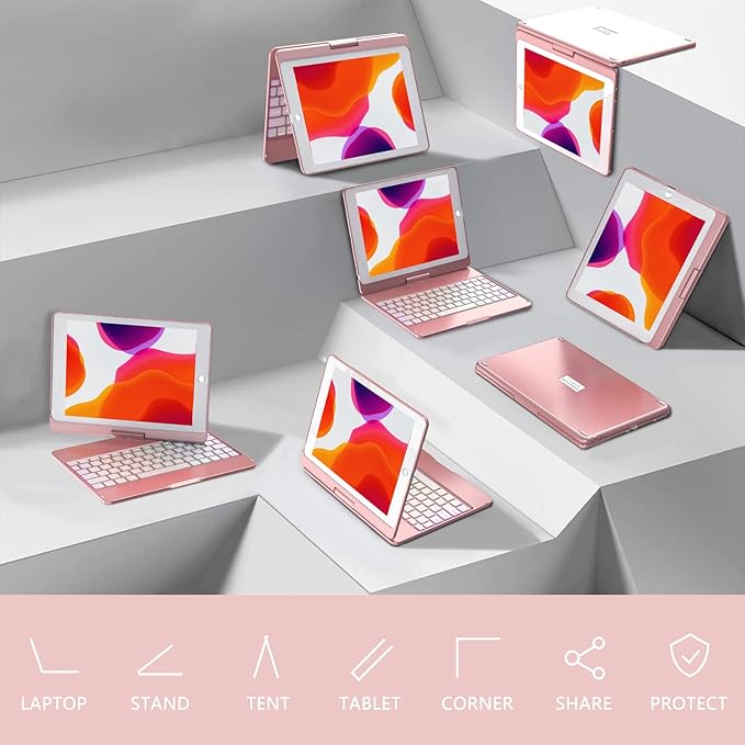 MMK for iPad 6th Generation Case with Keyboard | Compatible with iPad 5th Gen (2017) & iPad Air (1st, 2th Gen | 2013, 2014) & iPad Pro 9.7 inch (2016) | 10 Color Backlight & 360 Rotation-Rose Gold