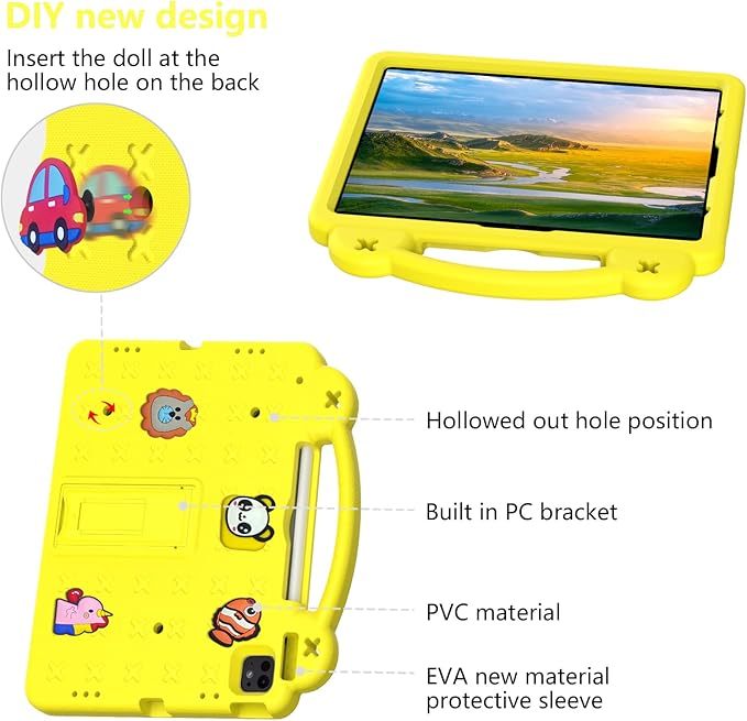 AKABEILA Compatible with Lenovo Tab P12 12.7 inch(2023) Tablet Case, Kids Friendly Universal Lightweight Shockproof Protective Case with Shoulder Strap & Stand Handle - Yellow