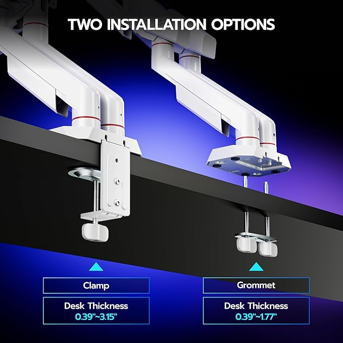 ARES WING Dual Monitor Arm for 17-35 Inch Flat Curved Ultrawide Screens Up to 26.5lbs, Fully Adjustable Dual Monitor Mount, C-Clamp & Grommet Base, 75/100 Vesa Mount, White