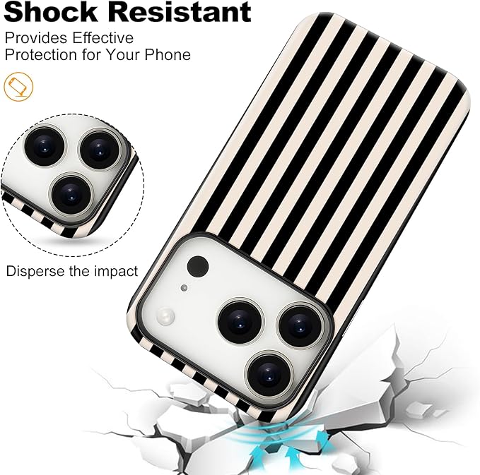Magnetic for iPhone 17 Pro Max Case Cute Stripes Phone Case, Shockproof Slim TPU and Hard PC Protective Phone Cover Compatible with MagSafe Designed for Women Girls, Black and White