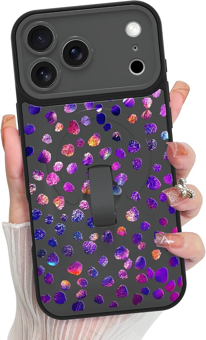 KANGHAR Compatible with iPhone 17 Pro Max Case, Support for MagSafe, Silicone Cute Iridescent Pattern Leopard Print Cheetah, Wristband Kickstand Shockproof Soft Slim Cover for Girls Women, Black