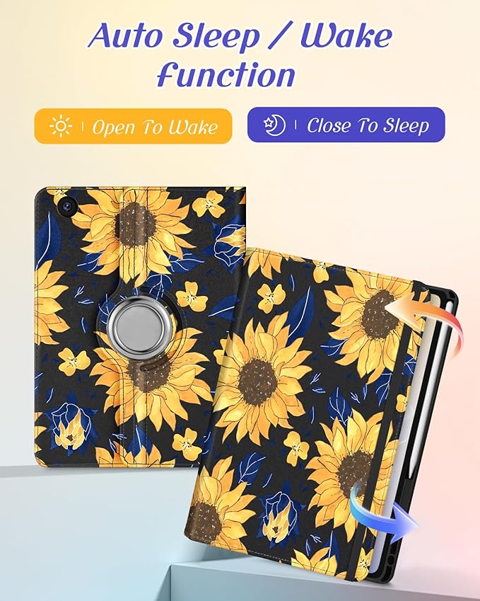 Kidcube for Samsung Galaxy Tab A9 Plus Case 11 Inch - for Women Girls Kids Cute Rotating Stand Folio Cover with Pencil Holder & Card Slot Girly Kawaii Sunflower Design for Samsung A9 Plus Tablet Cases
