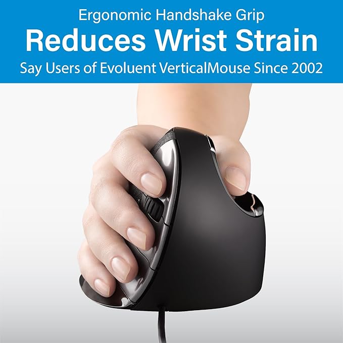 Evoluent – Inventor of The Vertical Mouse – VMDM Ergonomic Vertical Mouse Right Hand Medium Wired USB, Sculpted for Comfort, Reduces Wrist Strain, 4 Speeds, 6 Customizable Buttons in Windows