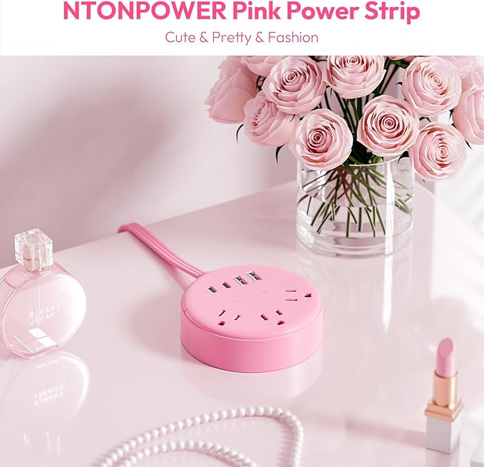 NTONPOWER Pink Extension Cord 10 ft, Flat Plug Power Strip with 2 USB-C & 2 USB-A, Flat Extension Cord Under Carpet, Wall Mount, Pink Power Strip for Indoor, Home, Vanity Desk, Nightstand, Dorm Room