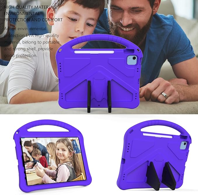 Kids Case for iPad A16 11th/10th Generation 2022/2025 11-Inch iPad Cover with Pencil Holder, Techcircle Lightweight Shockproof EVA Foam Rugged Handle Stand Anti-Slip Grip Protective Case, Purple