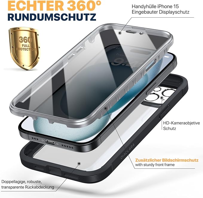 Diaclara Designed for iPhone 15 Plus Case 6.7 Inch,Upgraded Full Body Rugged Clear Bumper Case with Built-in Privacy Screen Protector for iPhone 15 Plus,Black