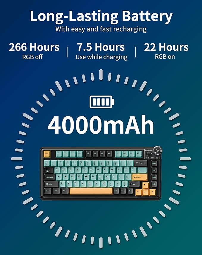 Aula AU75 Wireless Mechanical Keyboard, Hot Swap Gasket Gaming Keyboard with Knob, BT/2.4G/Wired Custom Keyboard, 4000mAh Battery, 75% Five-Layer Padding PBT Keycaps, RGB Side-Strip for Win/Mac/PC