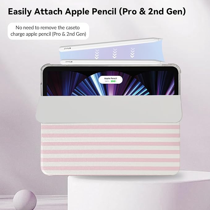 Lovmooful Compatible for iPad Pro 11-Inch,2022/2021/2020/2018 Model(4th/3rd/2nd/1st Generation) Case with Pencil Holder Cute Striped with Aesthetic Design Soft TPU Trifold Stand Protective-Pink&White