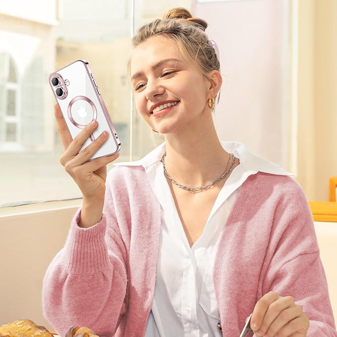 Hython Magnetic Clear for iPhone 17 Case with Camera Lens Protector [Compatible with MagSafe] Luxury Plating Edge Slim Soft TPU Cover Protective Phone Case for iPhone 17 6.3", Pink
