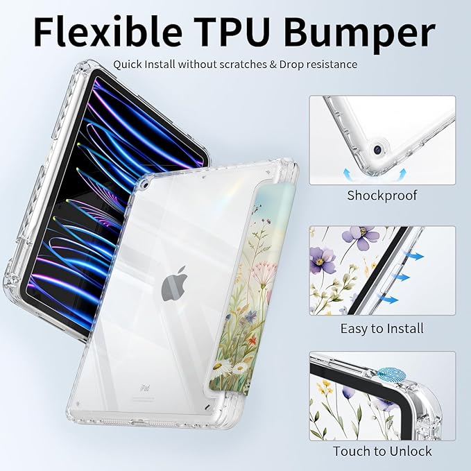 Slim Trifold Case for ipad 9th/8th/7th Generation, ipad Case 10.2 inch 2021/2020/2019 with Pencil Holder, Shockproof Hybird Shell Clear Back Cover, Watercolor Wildflower