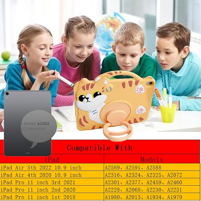 3D Cute Vivid Cat Case for iPad Pro 11 inch/Air 5th 2022/Air 4th 2020 10.9 inch,Kawaii Cartoon Character Pretty Cat Soft Silicone Rotating Stand Case with Lanyard for Kids Teens Girls Women