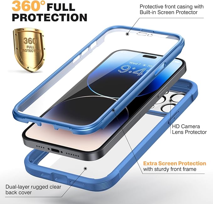 Diaclara Designed for iPhone 14 Pro Max Case 6.7’’,Full Body Rugged Protective Case+9H Tempered Glass Camera Lens Protector w/Built-in Screen Protector (Elegant Blue)