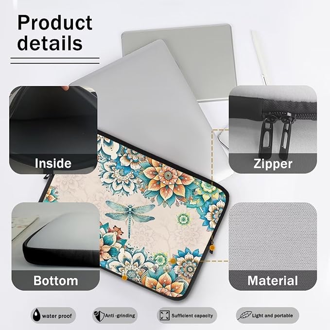 Boho Flower Dragonfly Laptop Protective Sleeve for Women Men Computer Sleeve 15 Inch Laptop Case Bag Lightweight Computer Carrying Case Suitable GITS for Teens Tablet Bags