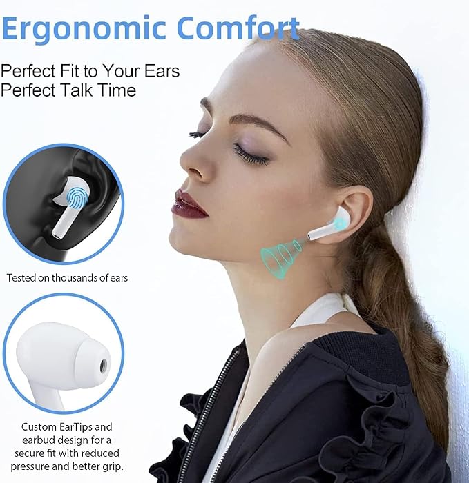 True Wireless Earbuds Bluetooth 5.3 Mic Noise Cancelling IPX7 Waterproof Hi-Fi Stereo Sound Long Battery 42H Playtime Auto Pairing for iPhone Headphones pro,White