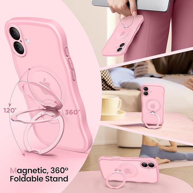 CAPRARO for iPhone 16 Plus Case with 360° Spin Magnetic Stand for Women, [Compatible with MagSafe] [Full Camera Protection] Cute Wave Translucent Matte Case for iPhone 16 Plus, Peach Pink