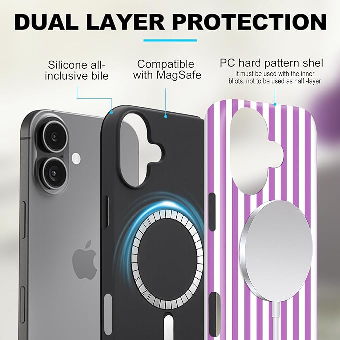Magnetic for iPhone 17 Case Cute Stripes Phone Case, Shockproof Slim TPU and Hard PC Protective Phone Cover Compatible with MagSafe Designed for Women Girls, Purple