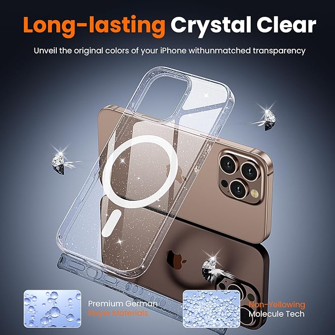 toushion 3 in 1 for iPhone 16 Pro Max Case Clear with MagSafe, Not Yellowing, Screen Protector*1 Camera Lens Protector*1, Protection for iPhone 16 Pro Max Phone Case 6.7 inch Clear Glitter