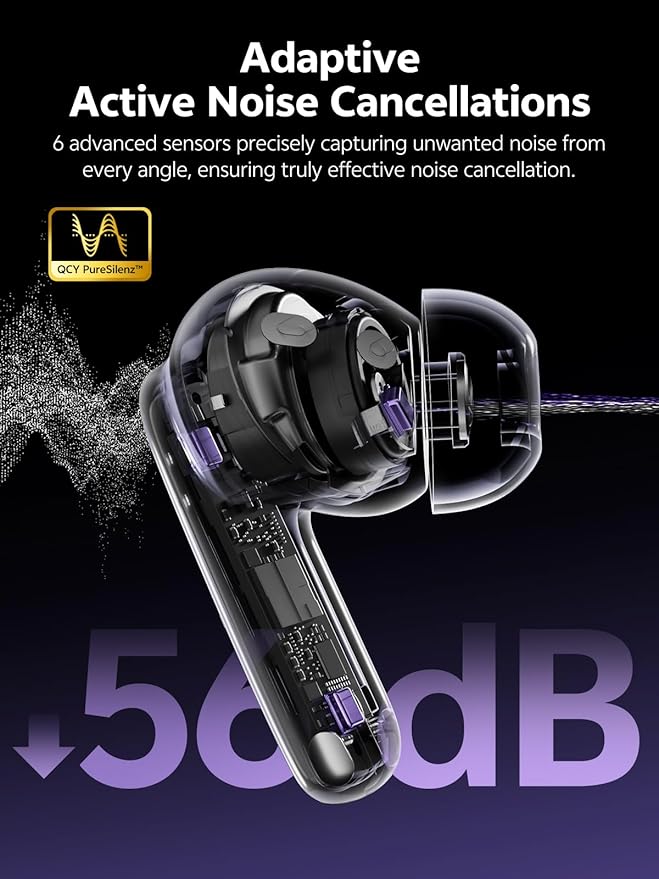 QCY MeloBuds N70 Aadptive Hybrid Active Noise Cancelling Wireless Earbuds, Bluetooth 6.0 with 6 Mics Clear Call, LDAC Hi-Res Audio, 50H Playtime, Wireless Charging, IPX5 Waterproof