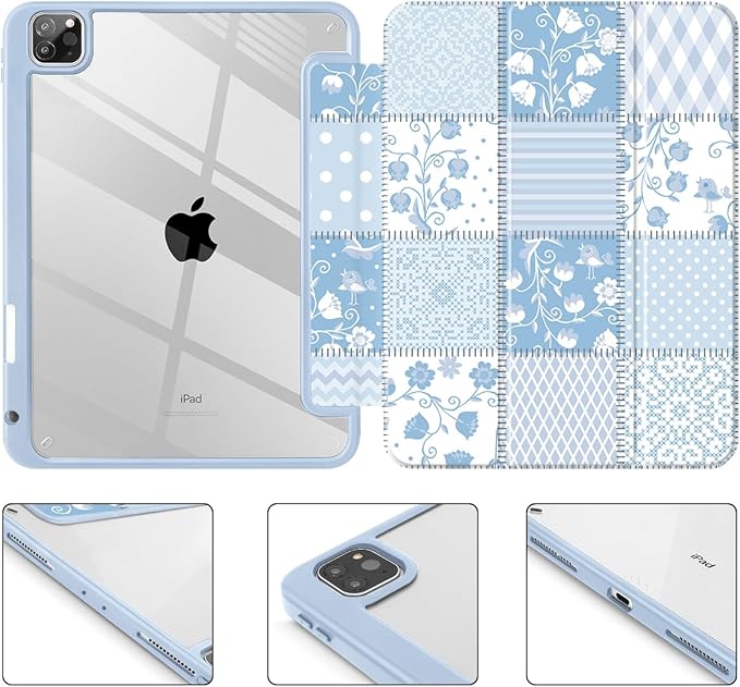 Tuiklol for iPad Pro 11 Inch 4th / 3rd / 2nd / 1st Gen (2022 2021 2020 2018) Case -Built-in Pencil Holder Shockproof Cover Clear Transparent Back Shell with Auto Wake/Sleep, Patchwork Floral