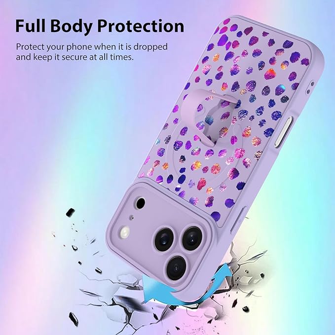 KANGHAR Compatible with iPhone 17 Pro Max Case, Support for MagSafe, Silicone Cute Iridescent Pattern Leopard Print Cheetah, Wristband Kickstand Shockproof Soft Slim Cover for Girls Women, Purple