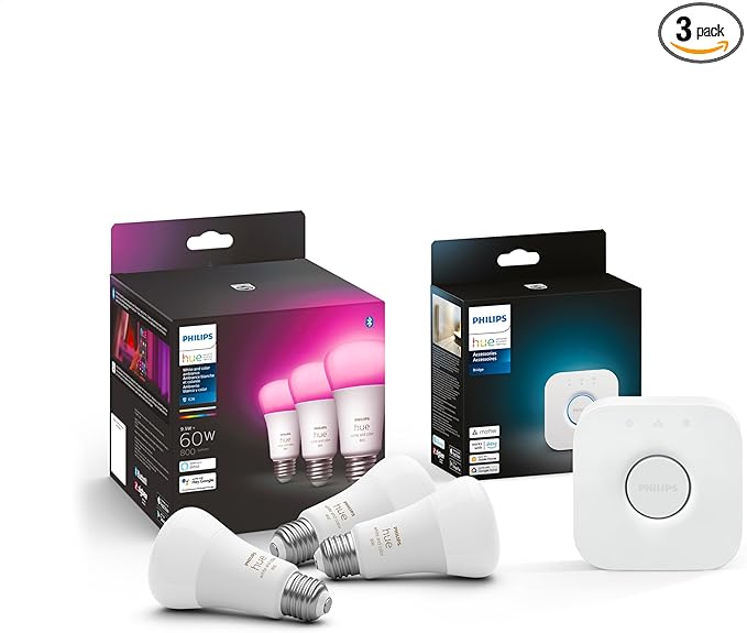Philips Hue Smart Lighting Bundle: 3-Pack A19 LED Smart Light Bulbs (White and Color Ambiance) with Philips Hue Bridge — Control with Hue App, Compatible with Alexa, Google Assistant, Apple Homekit