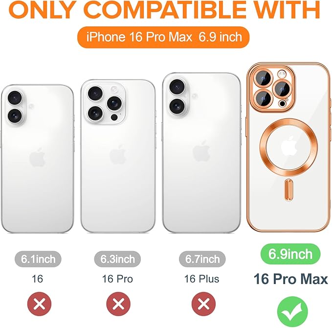 Hython Magnetic Clear for iPhone 16 Pro Max Case with Camera Lens Protector [Compatible with MagSafe] Plating Edge Slim Soft TPU Cover Protective Phone Case for iPhone 16 Pro Max 6.9", Orange