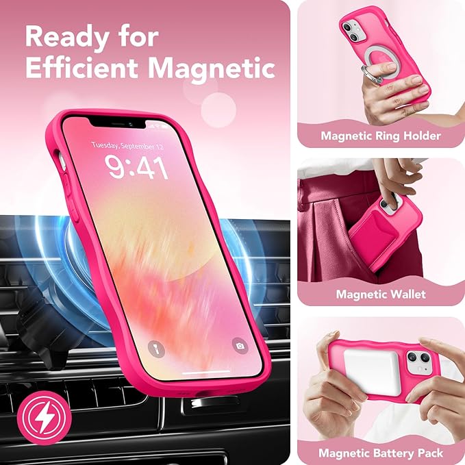 CAPRARO Cute for iPhone 12 Case & iPhone 12 Pro Case, Compatible with MagSafe, [Curly Wave Edge] [Camera Protection] [14 FT Drop Protection] Magnetic for iPhone 12/12 Pro, Hot Pink